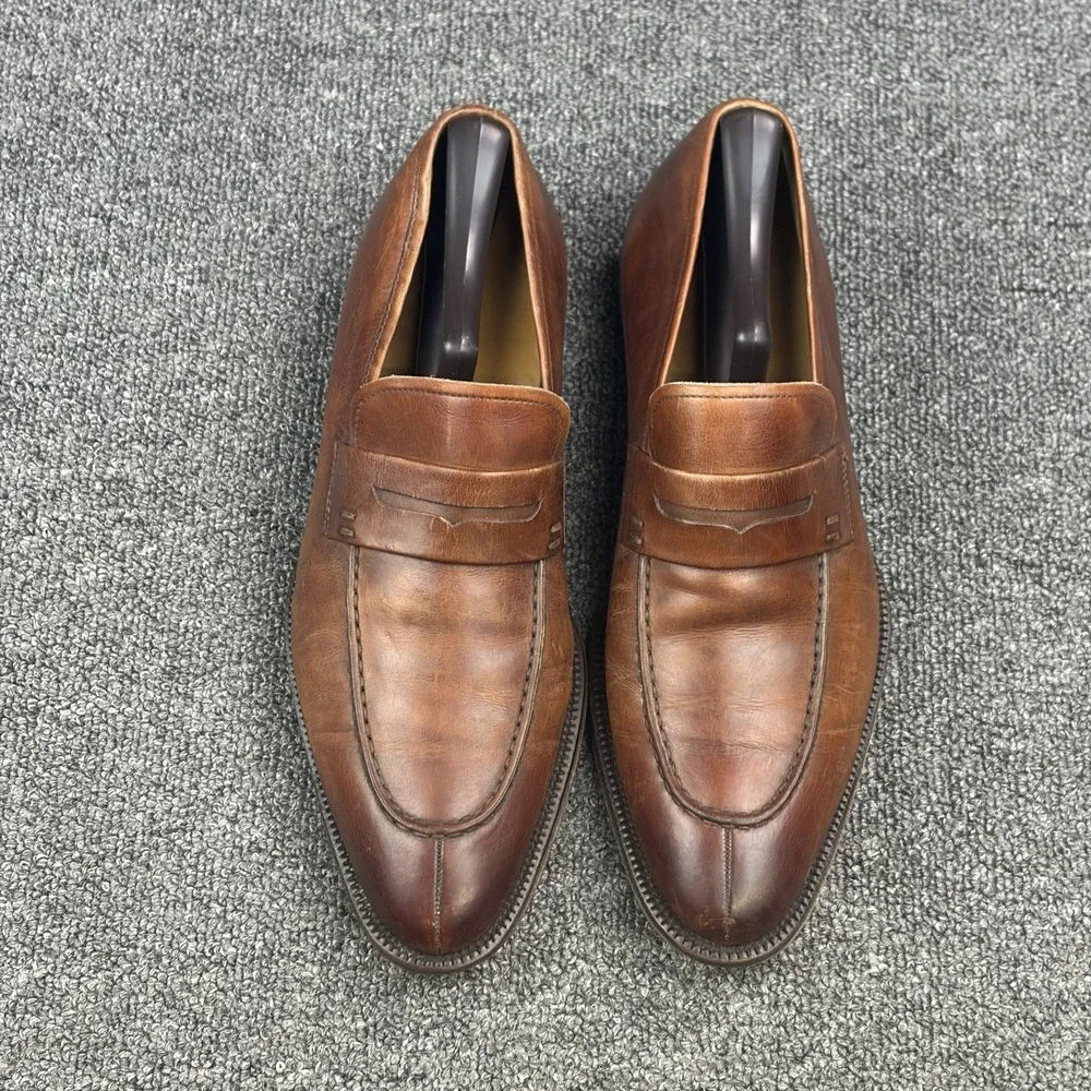 Magnanni Brown Leather Penny Loafers Mens 7 Spain Burnished Apron Toe Dress Shoe